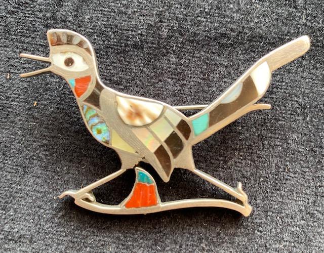 Native American Indian Zuni Sterling Roadrunner Pin: Native American Zuni sterling roadrunner bird pin. Made of turquoise, mother of pearl and onyx stone inlay. FREE DOMESTIC SHIPPING.