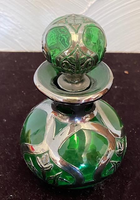 Cologne Bottle, Green Glass sterling overlay 1910 (1 of 4)