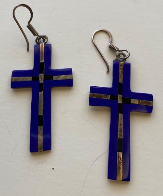 Lapis and Sterling Cross earrings: Lapis, sterling and onyx cross earrings Hook loop Mexican sterling marked .925. FREE DOMESTIC SHIPPING.