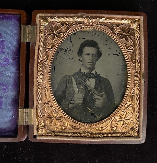 Original Ambrotype Photo Civil War armed soldier 1863: Original Ambrotype Photograph Civil War era solider in civilian clothes with Bowie Knife and Colt Revolver. 1/16th plate. Circa 1863. Gutta Percha case. FREE DOMESTIC SHIPPING.