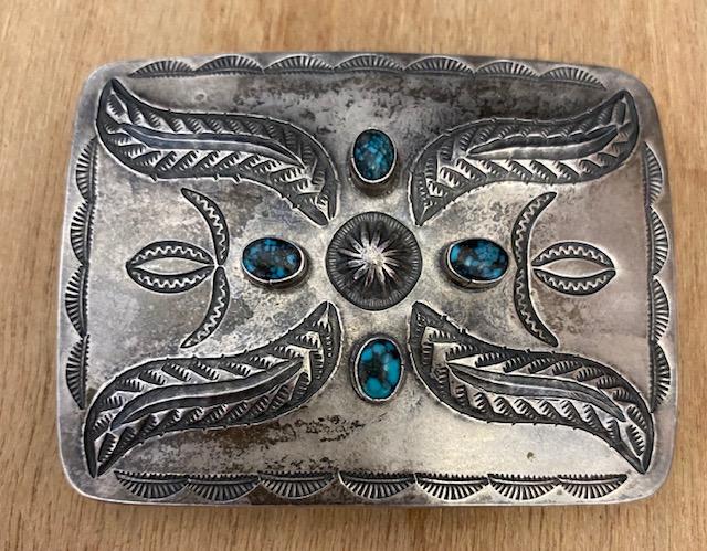 Native American Navajo Turquoise Belt Buckle: Native American Indian Turquoise and sterling belt buckle. Buckle measures 3 1/4" x 2 1/4". Unsigned. FREE DOMESTIC SHIPPING.