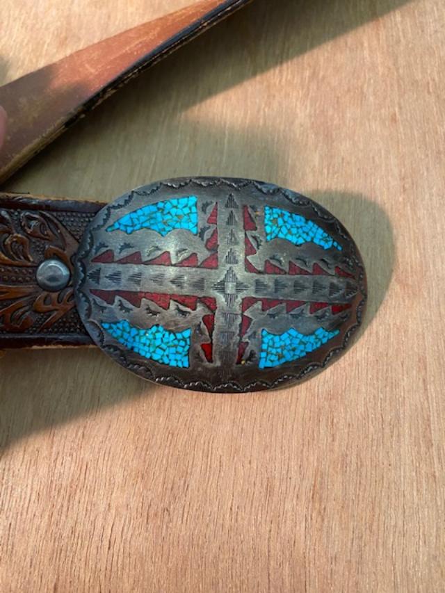 Mexican Sterling leather belt with turquoise and coral (1 of 6)