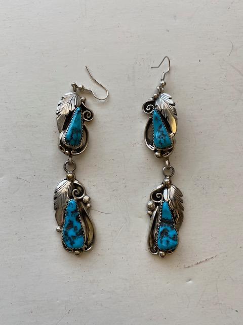 Navajo signed turquoise and silver dangle earrings. (1 of 2)