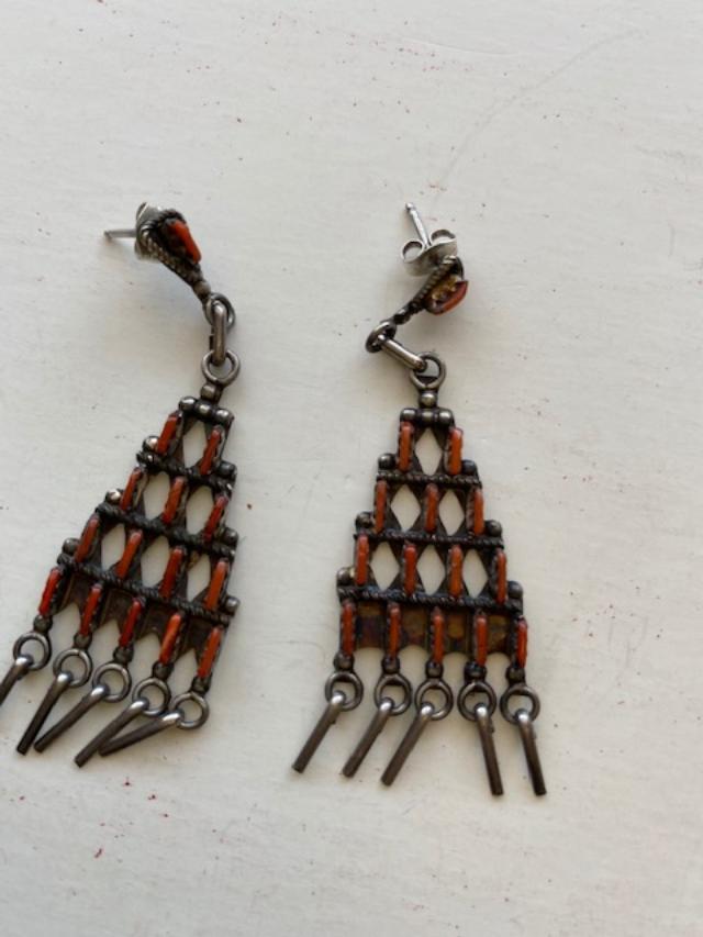 Native American Zuni signed coral and sterling post (1 of 2)
