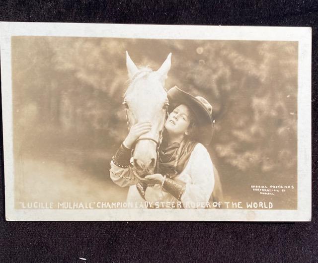 RPPC Photo Cowgirl Post Card 1914: Lucille Mulhall. Champion Steer Roper of the World. 1914 by Marcell of Calgary. Original Photograph real photo postcard RPPC image of rodeo Cowgirl Cheyenne rodeo and others. Mabel Strickland, Mildred