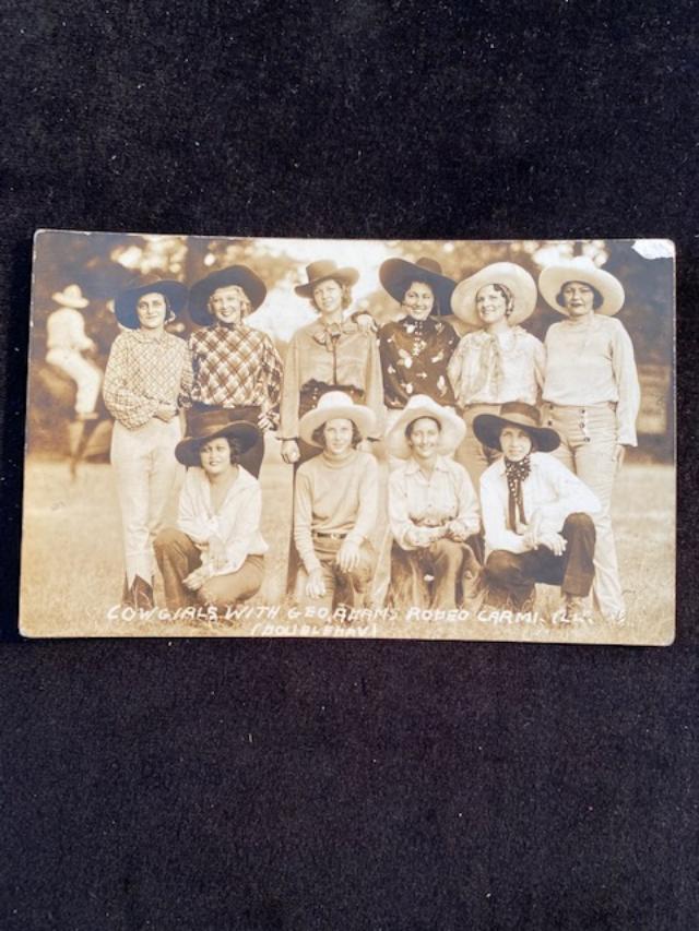 RPPC Photo Cowgirl Post Card Rodeo: Cowgirls with Geo Adams Rodeo, Carmi, Illinois by Doubleday. Original Photograph real photo postcard RPPC image of rodeo Cowgirl Cheyenne rodeo and others. Mabel Strickland, Mildred Douglas, Lucille M