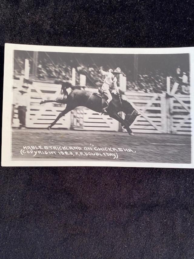 RPPC Photo Cowgirl Post Card Mable Strickland: Mable Strickland on Chickasha, Copyright 1923 by Doubleday. Original Photograph real photo postcard RPPC image of rodeo Cowgirl Cheyenne rodeo and others. Mabel Strickland, Mildred Douglas, Lucille Mu