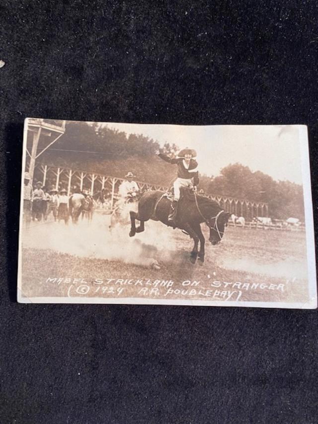 RPPC Photo Cowgirl Post Card 1924: Mable Strickland on "Stranger" copyright 1924 by Doubleday.Original Photograph real photo postcard RPPC image of rodeo Cowgirl Cheyenne rodeo and others. Mabel Strickland, Mildred Douglas, Lucille Mul
