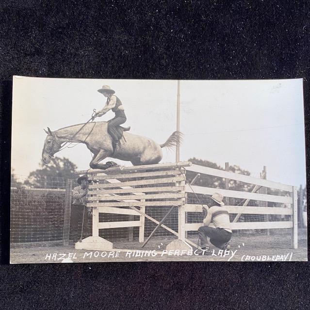 RPPC Photo Cowgirl Post Card Hazel Moore: Hazel Moore riding "Perfect Lady." Copyright by Doubleday. Original Photograph real photo postcard RPPC image of rodeo Cowgirl Cheyenne rodeo and others. Mabel Strickland, Mildred Douglas, Lucille Mul