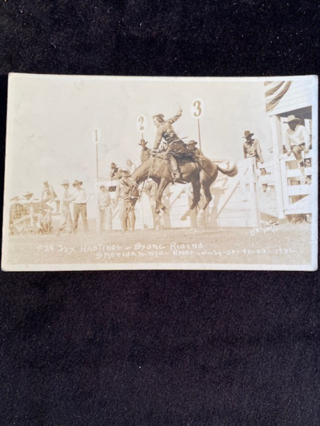 RPPC Photo Cowgirl Post Card 1924: #29 Fox Hastings Bronc Riding. Sheridan, Wyoming Rodeo, 1932 Owecan Photo Company.Original Photograph real photo postcard RPPC image of rodeo Cowgirl Cheyenne rodeo and others. Mabel Strickland, Mildr
