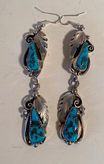 Navajo Signed Turquoise and Silver Dangle Earrings (1 of 2)