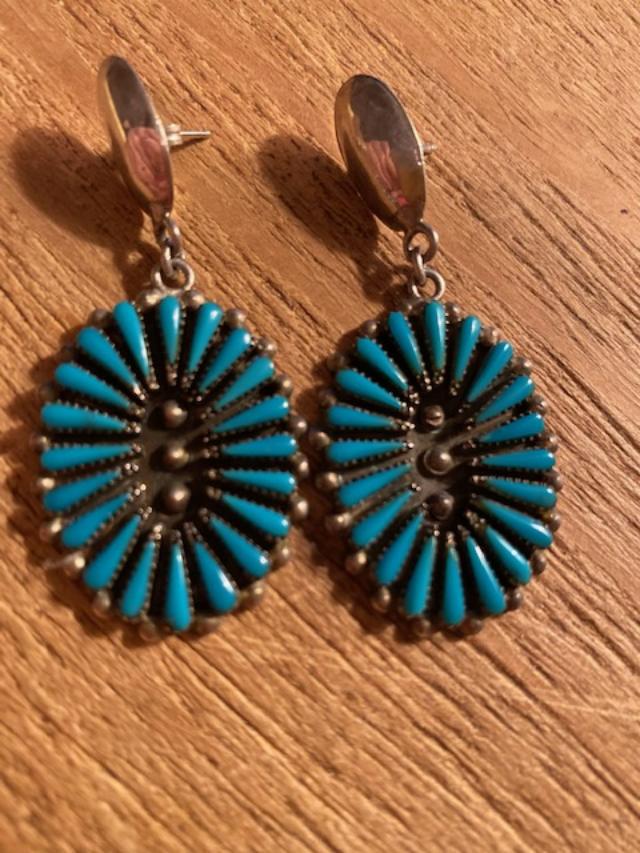 Native American Indian Turquoise and Sterling Earrings: Navajo Native American concha style turquoise and sterling silver post earrings. Measures 2 1/4 inches. FREE DOMESTIC SHIPPING.