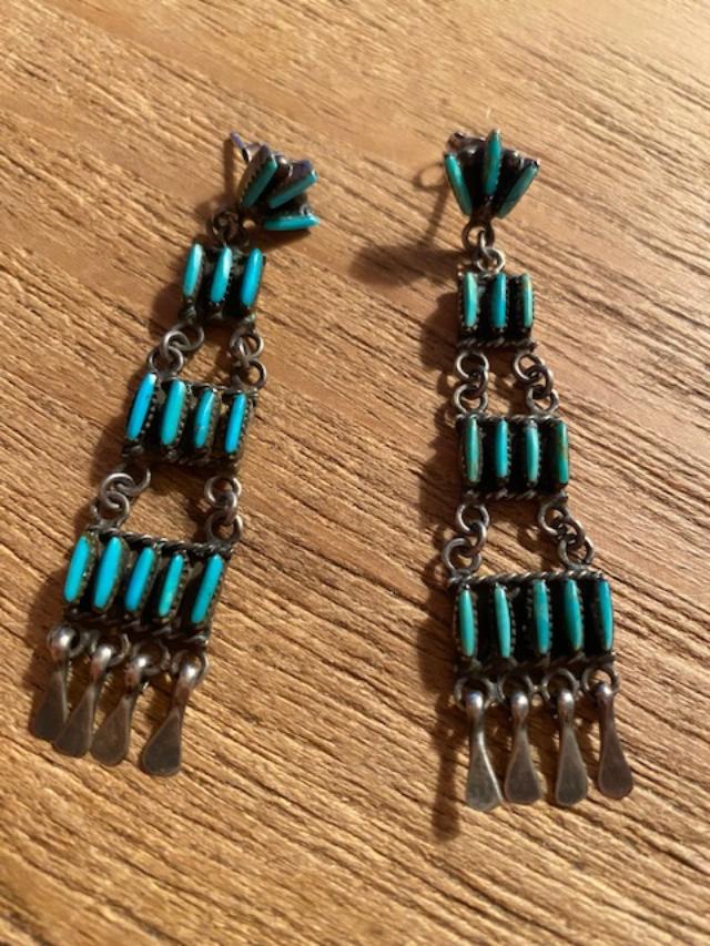 Native American Sterling and Turquoise Earrings: Zuni Native American Indian sterling silver and turquoise post earrings. Hallmark signed. Measures 2 3/4 inches. FREE DOMESTIC SHIPPING.