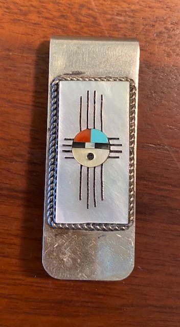 Native American Zuni Sunface Money Clip STERLING: Native American designed money clip. SUNFACE symbol with mother of pearl, turquoise, onyx and coral. Rope design surrounding zia symbol. FREE DOMESTIC SHIPPING.