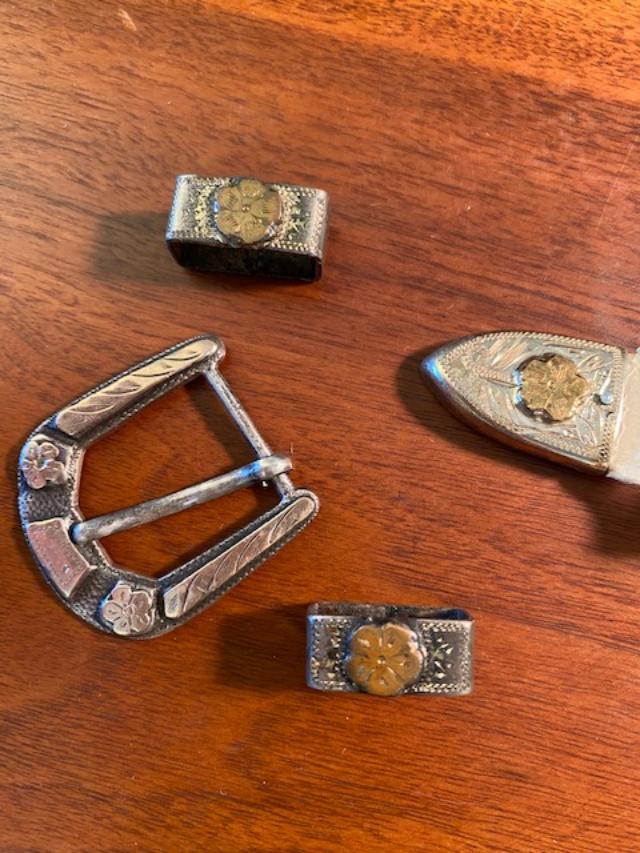 Vintage Mexico Silver Belt Buckle, Belt Tip and Side (1 of 3)