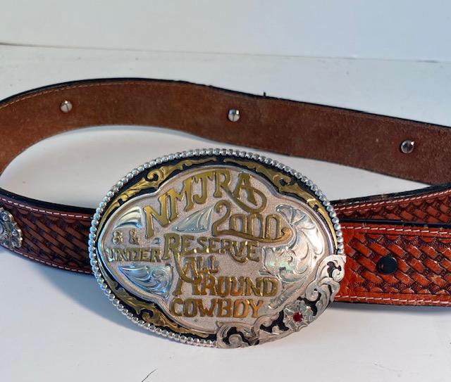 Genuine Hand Tooled Leather Belt w/Rodeo buckle (1 of 7)