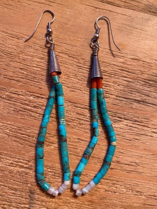 Native American Turquoise Shell Earrings: Nice 4" long, original vintage turquoise and shell earrings. Unstamped turquoise. FREE DOMESTIC SHIPPING.