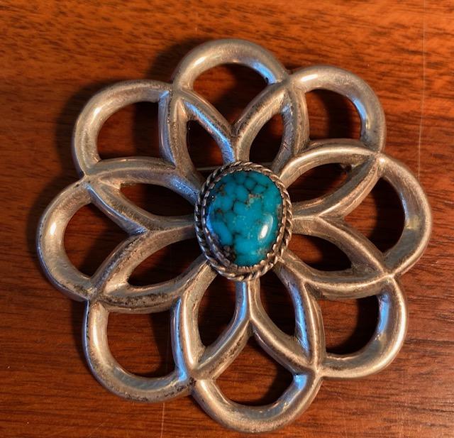 Navajo Signed Sand Cast Pinback Turquoise Chunk: Native American Navajo pinback sandcast EAB with turquoise piece in center. FREE DOMESTIC SHIPPING.