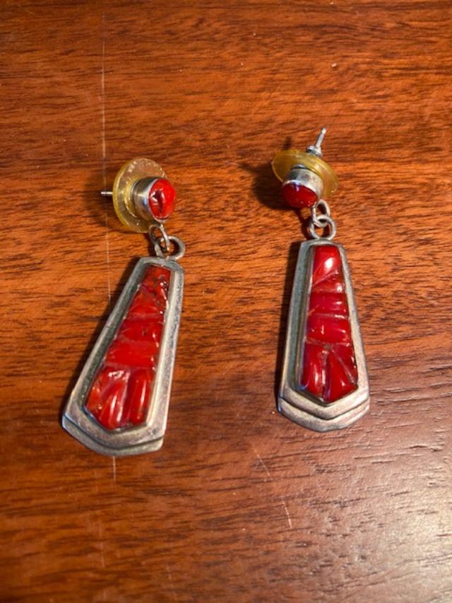 Native American Coral Sterling silver Earrings: Native American vintage coral and stamped sterling drop earrings. Approximately 1.5". FREE DOMESTIC SHIPPING.