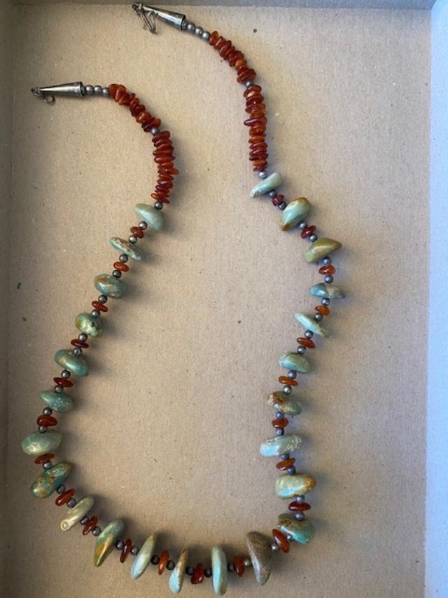 Turquoise Chunks and Amber beaded Necklace: Native American sterling silver, amber and turquoise necklace. FREE DOMESTIC SHIPPING.