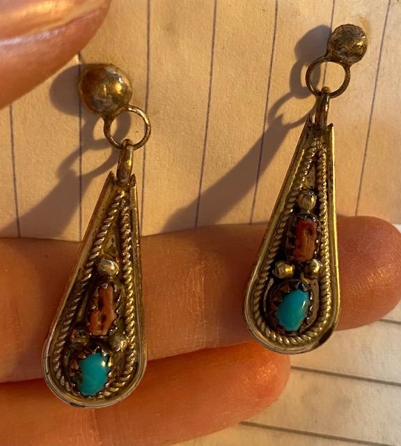 Navajo Coral and Turquoise Drop Earrings sterling (1 of 2)