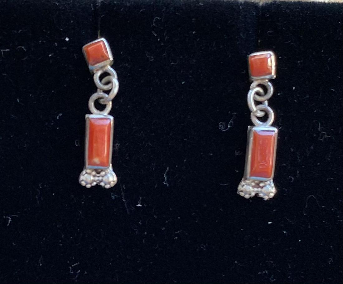 Zuni Coral and Sterling Earrings: Native American Zuni sterling and coral drop earrings. Approximately .75" long. FREE DOMESTIC SHIPPING.