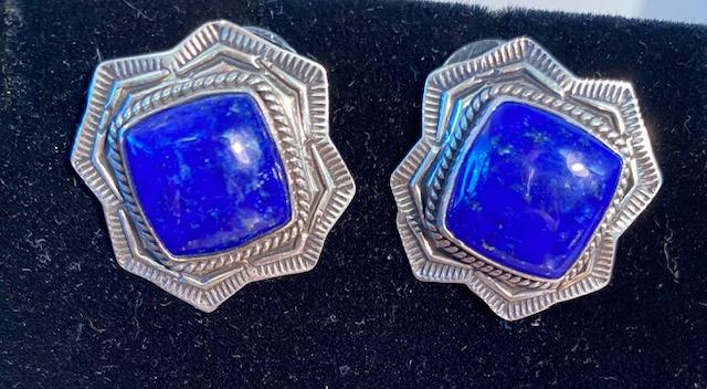 Navajo Native American Sterling and Lapis Earrings: Native American sterling (stamped) and lapis earrings. Signed Kevin Ramone. Measures 1.25 inches. FREE DOMESTIC SHIPPING.