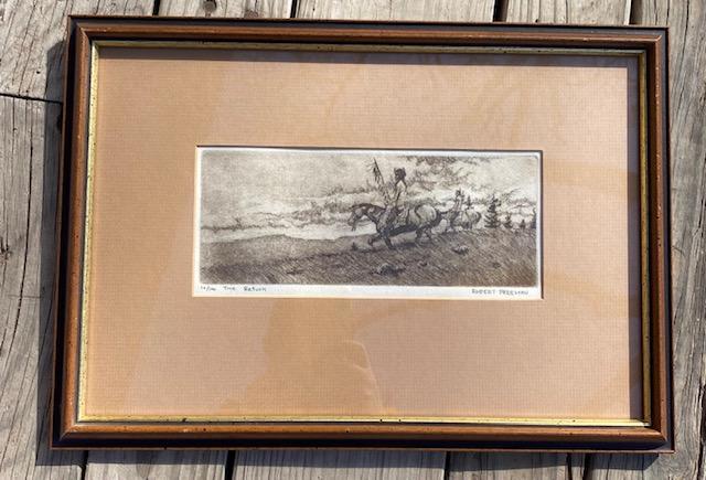 Robert Freeman Signed Etching: Sioux artist Robert Freeman is known for Indian figure, abstract genre. A native American, born on the Rincon Indian Reservation in Southern California, he is a descendant of Bone Necklace, Sub Chief