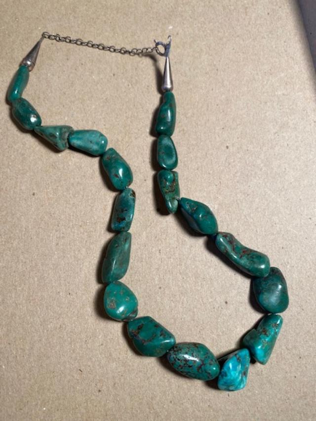 Navajo Turquoise Nugget Necklace: Native American vintage circa 1950 stamped sterling with natural turquoise nuggets. FREE DOMESTIC SHIPPING.