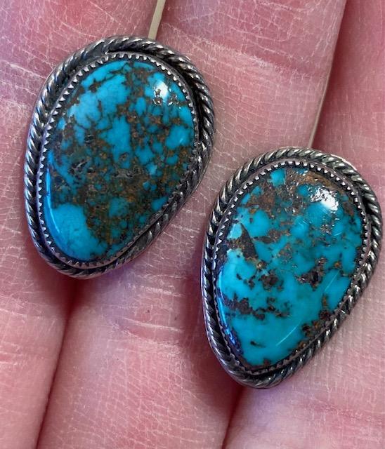 Navajo Turquoise Earrings: Native American Navajo turquoise and stamped sterling screwback earrings. FREE DOMESTIC SHIPPING.