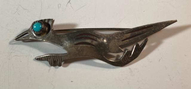 Navajo Serling Roadrunner Pinback: Native American Navajo sterling Silver Roadrunner pinback with turquoise eye. FREE DOMESTIC SHIPPING