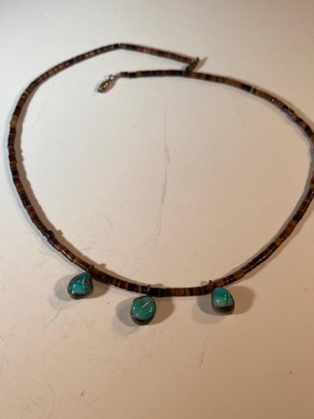 Navajo Shell Necklace with Turquoise 1960-70: Original Native American Navajo shell necklace with three turquoise chunks set in sterling. FREE DOMESTIC SHIPPING
