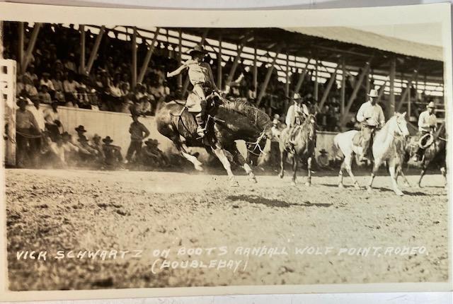 RPPC 1910-1920 Rodeo Round-up Photo Cowboy: Vick Schwartz on Boots Randall Wolf Point Rodeo. Real Photograph Post Card Rodeo, Round-up, Bucking Bronco, photos by R.R. Doubleday and others. Circa 1910s- 1920s. FREE DOMESTIC SHIPPING