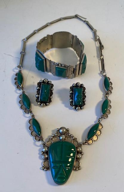 Lot of 3 Mexican Jade Sterling  Jewelry  1940 era (1 of 4)