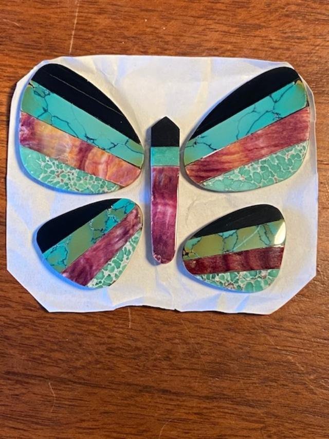 Zuni Multi-Stone Pieces for Jewelry: Native American Zuni cut stones to make butterfly or dragonfly jewelry. Stones include onyx, spiny oyster, turquoise, mother of pearl and more. See variations of stones in lots 231-241. FREE DOMESTIC