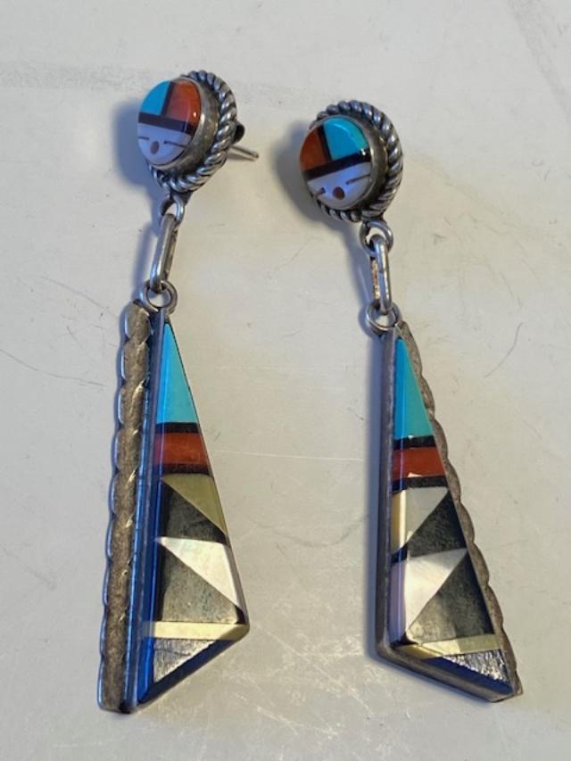 Zuni Sterling Turquoise, Coral, Onyx, MOP Earrings: Native American Zuni Indian sterling earrings with onyx, turquoise, coral and mother of pearl. Unmarked. FREE DOMESTIC SHIPPING.