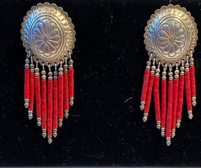 Zuni Concho Coral Bead Earrings: Native American Zuni Indian Concho style sterling silver earrings with coral beads. Unmarked FREE DOMESTIC SHIPPING