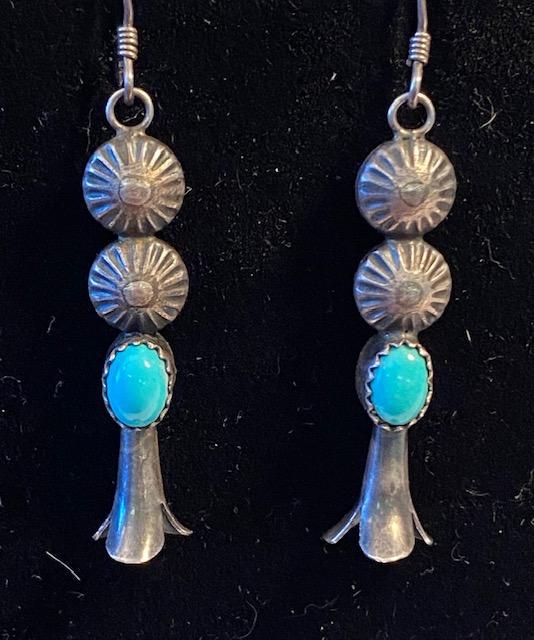 Navajo Sterling Silver and Turquoise Earrings: Native American Navajo Indian Concho style stamped sterling earrings with turquoise. FREE DOMESTIC SHIPPING