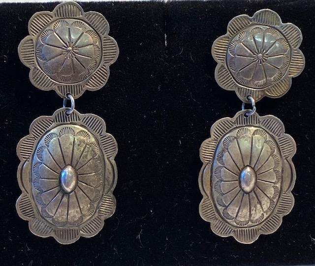 Navajo Concho Style Earrings: Native American Navajo Concho Style sterling earrings. 11.5 grams. Unmarked. FREE DOMESTIC SHIPPING.
