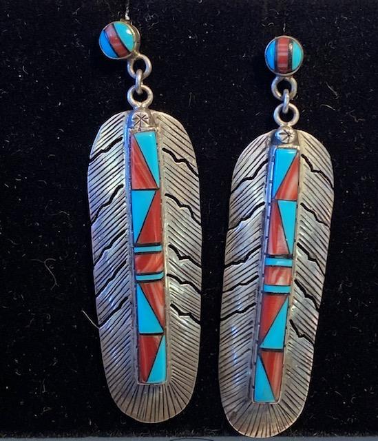 Zuni  Indian Sterling Coral and Turquoise Earrings (1 of 2)