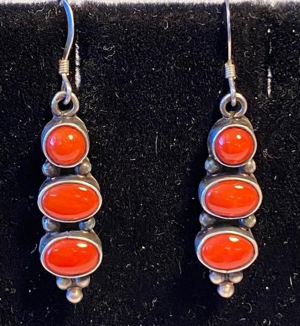 Navajo Indian Signed Running Bear Coral Earrings (1 of 3)