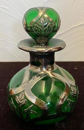 Cologne Bottle, Green Glass sterling overlay 1910 (1 of 4)