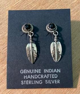 Native American Sterling Earrings: Native American Indian sterling 1" silver and onyx pierced earrings. FREE DOMESTIC SHIPPING