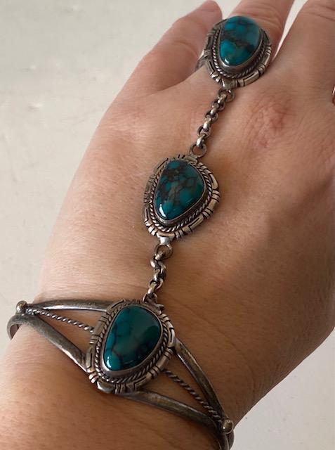 AL Yazzie Signed Turquoise Bracelet with Attached Ring (1 of 2)