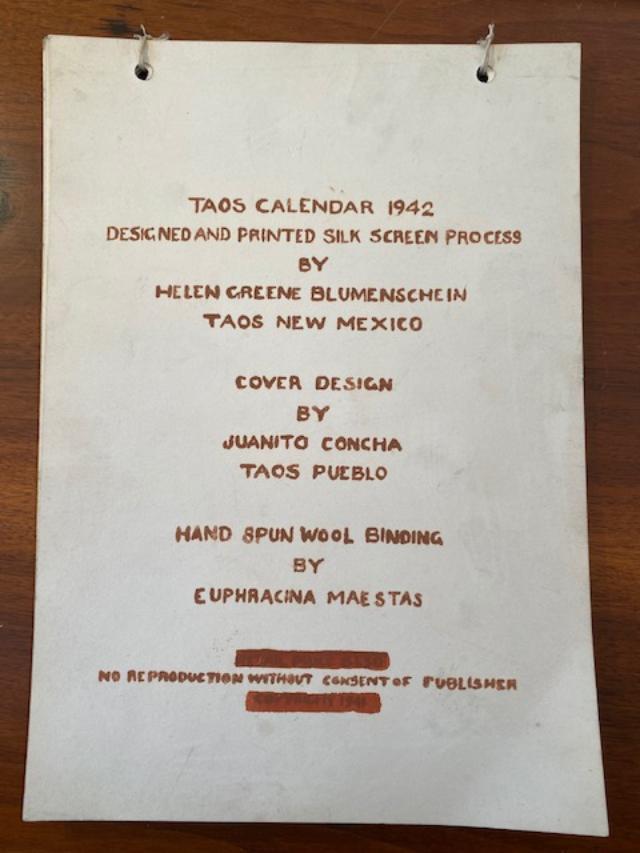 Handmade Taos NM Calendar 1942 RARE (1 of 4)