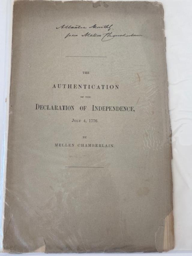 Pamphlet: Authentication of Declaration of Independence: Pamphlet: Authentication of Declaration of Independence by Mellen Chamberlain with signature/autograph. COA included. Free Domestic Shipping