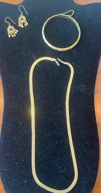 Lot of 3 Gold Toned Sterling Silver Jewelry: Lot of 3 gold colored sterling (stamped 925) pieces of jewelry. Necklace measures 20 inches and is also stamped Italy. Bracelet has a 2 1/4 inch diameter, and earring dangle is 1 1/2 inch.FREE DOMESTI
