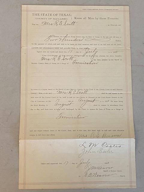 Bail Bond 1895 for Fornication in Texas-Scarce Item: Original bail bond, Navarro County Texas for Mrs. R.E. Scott in the amount of $200 on July 17, 1895 for a charge of Fornication. FREE DOMESTIC SHIPPING