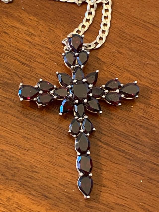 Garnet Cross Pendant on Long Sterling Chain (1 of 4)