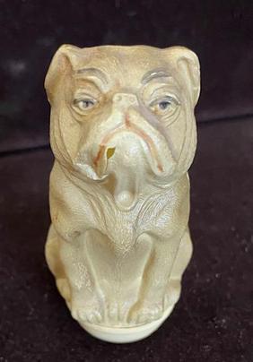 Antique Bulldog Rocker Toy 1910: Thin plastic bulldog on a sturdy heavy rocker/wobbler. Made of celluloid. 3.5". FREE DOMESTIC SHIPPING.
